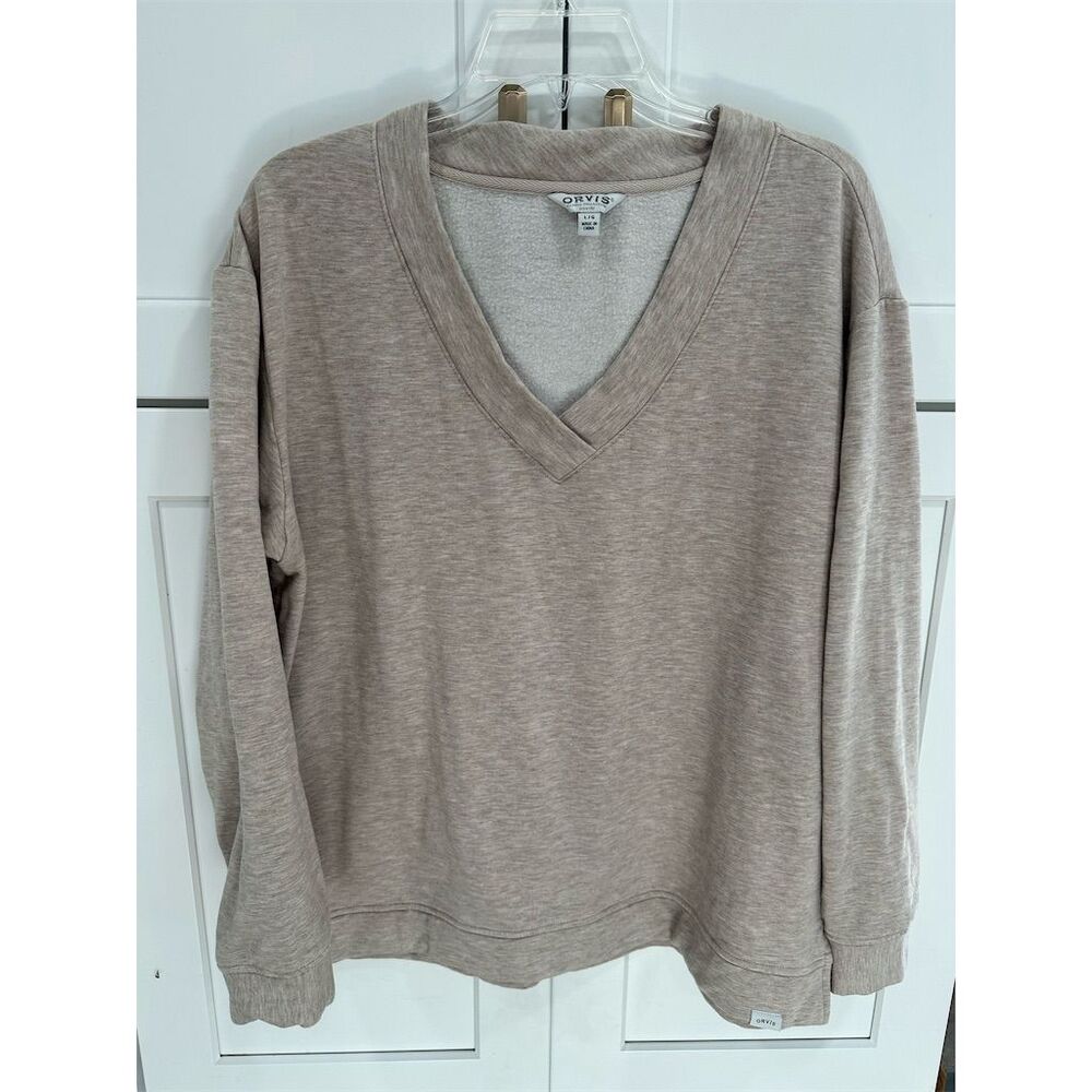 Orvis Women's V-Neck Sweatshirt Beige Size L Relaxed Fit Shirt